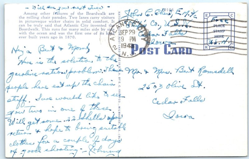 c1940s Atlantic City NJ Rolling Chairs on Boardwalk Linen PC Huge Crowd Car A293