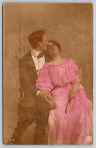 Embraced Couple, Antique 1907 German Real Photo RPPC Colored Postcard