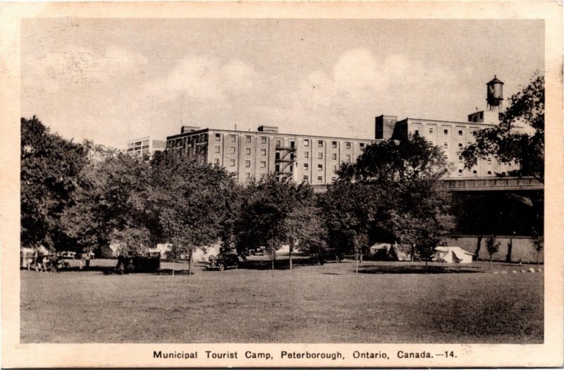 Postcard Ontario Peterborough Municipal Tourist Camp PECO Tent Old Car 1940s K87