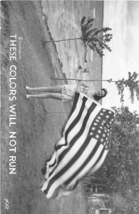 H15/ Patriotic Postcard RPPC c1940s WWII Flag Colors Will Not Run Woman 24