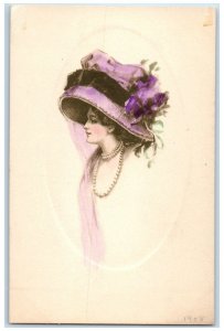 c1910's Pretty Woman Hand Painted Big Hat Flowers Embosses Antique Postcard