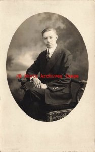 IL, Chicago, Illinois, RPPC, Studio Shot, Man Posing in Suit Sitting in Chair