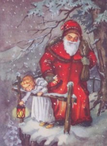 Santa Claus Angel Lantern Snow Antique Vintage Christmas Postcard German