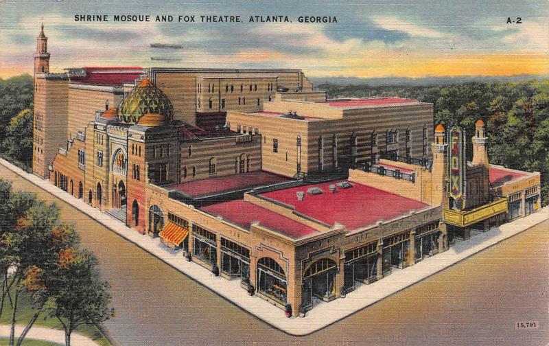 Shrine Mosque and Fox Theater, Atlanta, Georgia, Early linen Postcard, Used