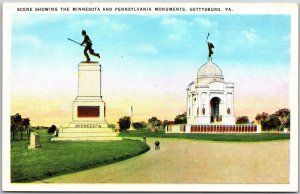 Gettysburg PA-Pennsylvania, Scene Showing The Minnesota & PA Monuments, Postcard