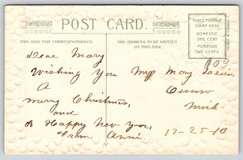 This Christmas Bring Joy~Holly Frame & Crescent Moon~Embossed~Vintage Postcard