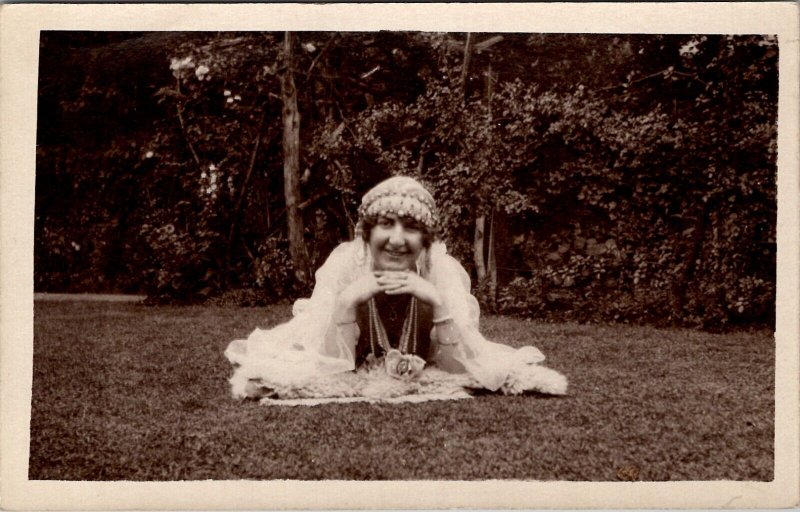RPPC Gypsy Bride Woman Beautiful Veil Pearls Fur Blanket on Lawn Postcard B23