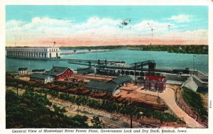 Postcard 1940 Mississippi River Power Plant Govt. & Dry Dock Keokuk Iowa I.A. 