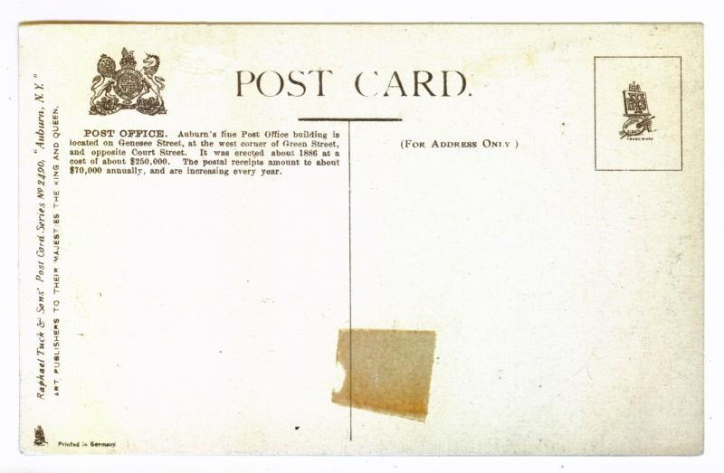 Auburn, New York Post Office Building, unmailed Tuck Postcard with docketing