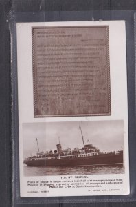 GREAT BRITAIN,St SEIRIOL,Liverpool & North Wales Steamship Co,Dunkirk plaque ppc