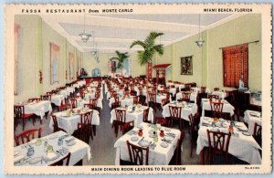 Miami Florida Postcard Fassa Restaurant Monte Carlo Main Dining Room 1940 Linen
