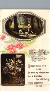 Vintage Postcard Many Happy Returns Birthday Park Place Flower Basket Greetings