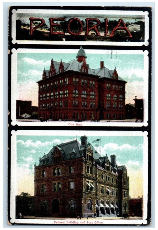 1908 Peoria City Hall Federal Building Post Office Illinois Multiview Postcard