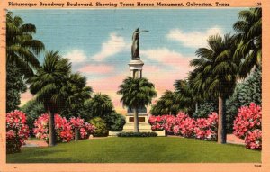 Texas Galveston Broadway Boulevard Showing Texas Heroes Monument 1949