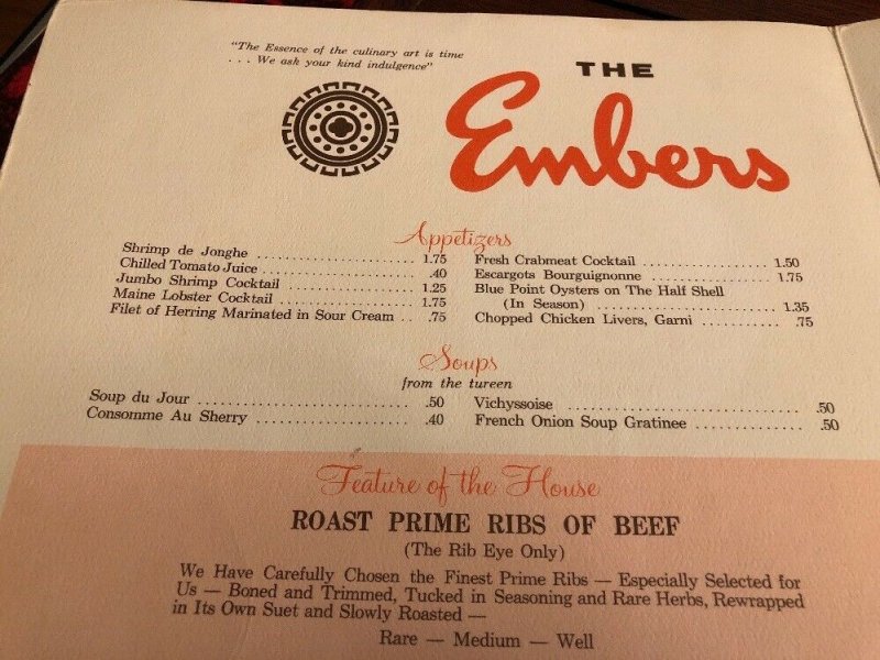 Vintage 60s THE EMBERS Restaurant Menu Indianapolis IN Indiana N. Meridian St