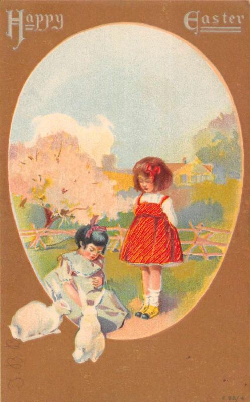 Happy Easter Children With Rabbits Antique Postcard K78543