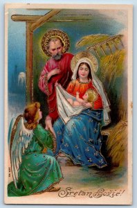 Christmas Postcard Religious Angel Gel Gold Gilt Stars Czech Republic c1910's
