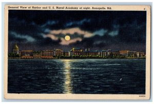 Annapolis Maryland MD Postcard General View Harbor US Naval Academy Night c1940