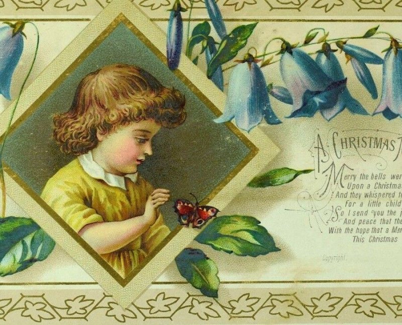 1870's-80's Lovely Girl Butterfly Flower Bells Christmas Poem Victorian Card *B 