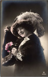 Hand Colored RP Postcard Portrait Woman Wearing Fur Coat Feather Hat~133534