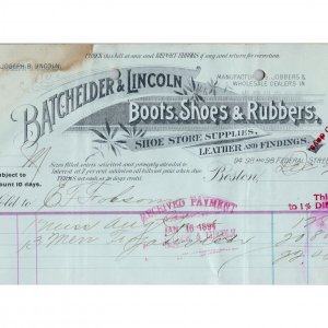 1893 Antique Billhead - BATCHELDER & LINCOLN Boots Shoes & Rubbers