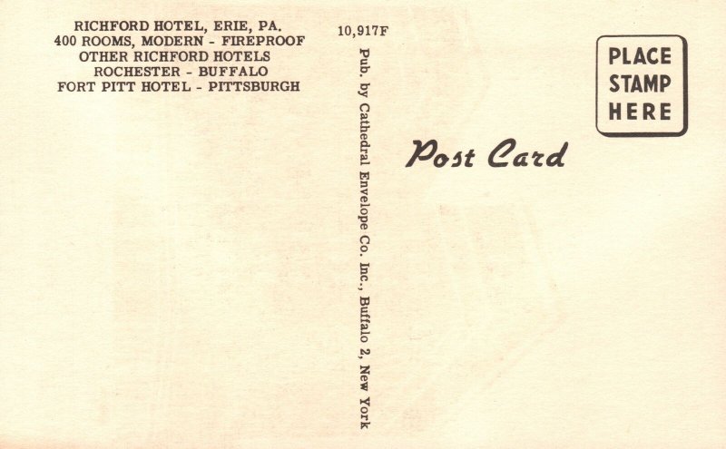 Vintage Postcard Richford Hotel State St. Perry Sq. Landmark Erie Pennsylvania