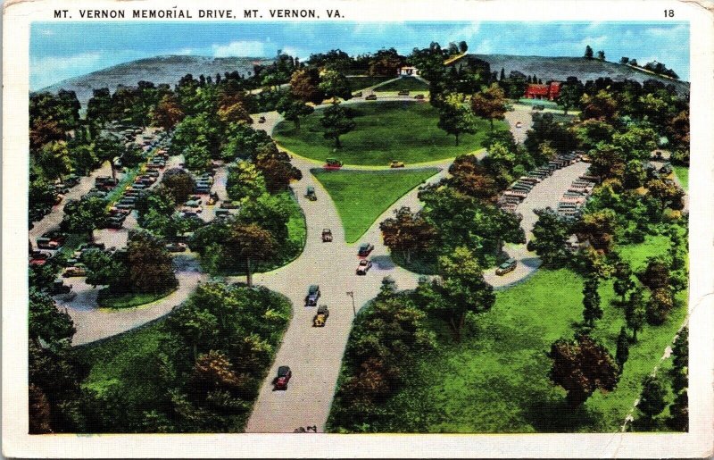 Aerial View Mt Vernon Memorial Drive Virginia VA Cars Greenery Postcard Note WOB 