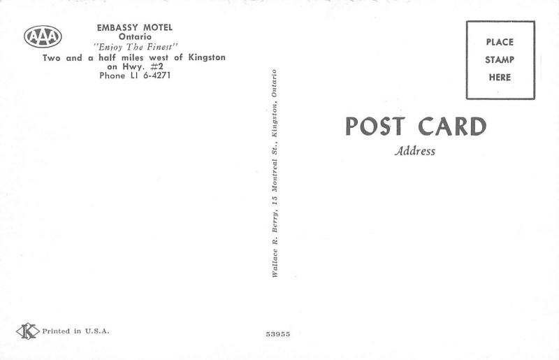 Kingston Ontario Canada 1960s Postcard Embassy Motel Roadside