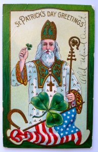 St Patrick's Day Postcard Saint Bishops Mitre Staff US Flag Series 400 MB 1909