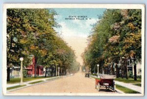 Seneca Falls New York Postcard State Street Road Classic Cars Trees 1910 Vintage