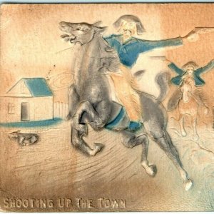 c1907 Heavy Embossed Postcard Hand Color Airbrushed Shooting Up The Town A29