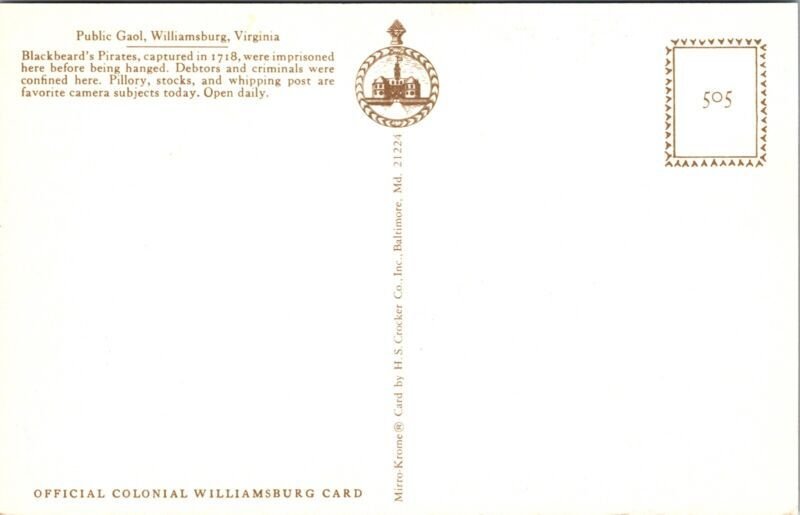 Public Gaol Williamsburg Virginia VA Blackbeards Pirates VTG Postcard UNP Mirro