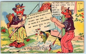 Fishing Comic RAY WALTERS  Fisherman's Code  c1940s Linen C-712 Postcard