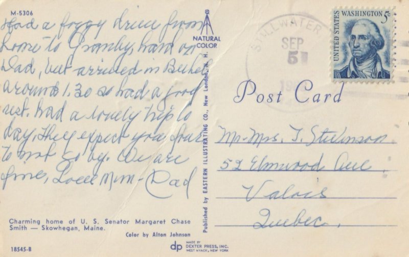 VINTAGE POSTCARD HOME OF U. S. SENATOR MARGARET CHASE SMITH SKOWHEGAN MAINE