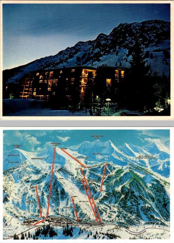 2~4X6 Postcards UT, Utah  SNOWBIRD SKI RESORT Night View & Chair Lift~Run Map