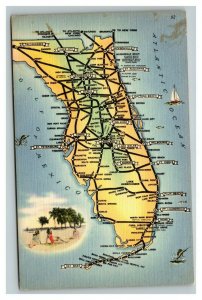 Vintage 1940's Postcard Greetings From Florida - Giant Map Sailing Beaches