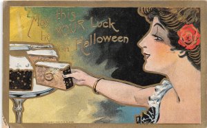 H12/ Halloween Postcard c1910 Pretty Woman Luck Cake Gold-Lined 3 