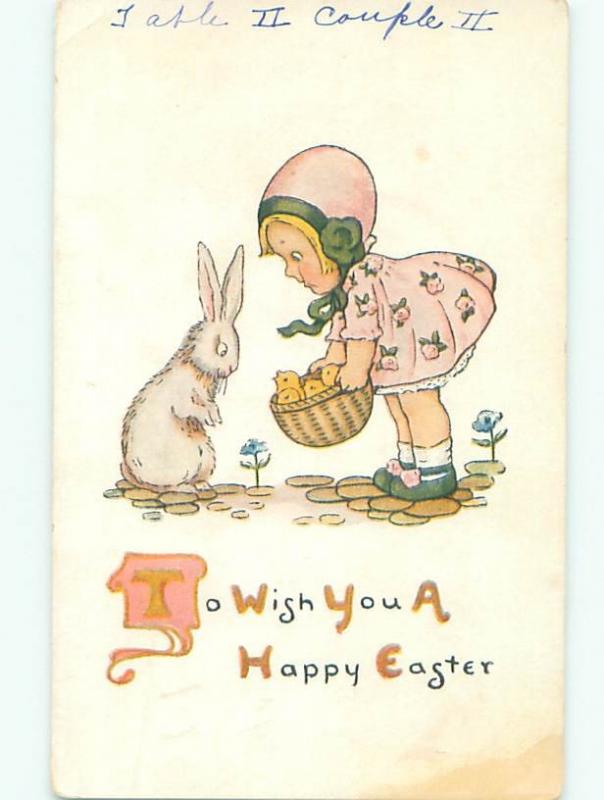 Pre-Linen Easter CUTE BUNNY RABBIT & GIRL WITH CHICKS IN BASKET AB3615