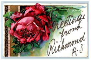 c1910 Greetings from Richmond Rhode Island RI Red Rose, Glitters Postcard 