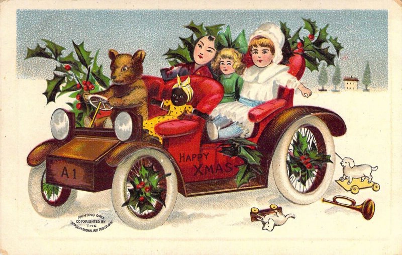 Beautiful, Rare, Bear Driving Car, Children, Black Doll, Christmas,Old Post Card