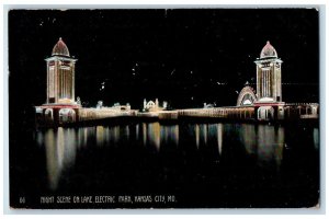 1908 Night Scene On Lake Electric Park Tower Kansas City Missouri MO Postcard