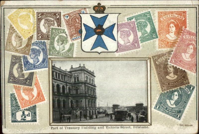 Brisbane Australia Victoria St. Postage Stamp Border c1910 Postcard