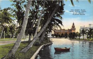 Miami Beach Florida~Roney Plaza from Indian Creek~Boat in Water~1940s Linen Pc