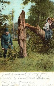 Vintage Postcard 1906 Sweet Moments Forest Adventure On Tree Trunk