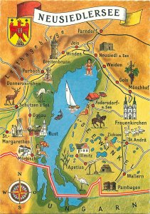 Postcard Austria fantasy map neusiedlersee see winkel ungarn lake boat church