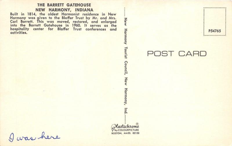 New Harmony Indiana~Barrett Gatehouse~Historical Info on Back~1960s Postcard