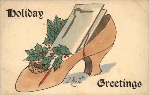 Antique Postcard Holiday Greetings High-Heeled Shoe A/s Zella Cox