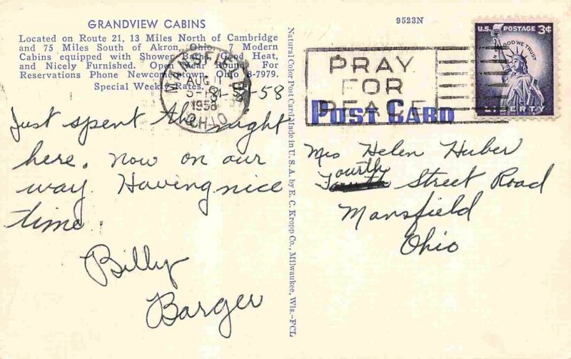 Grandview Cabins Motel US 21 Kimbolton Ohio 1958 linen postcard