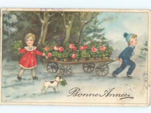 foreign 1937 signed DOG WATCHES FRENCH KIDS WITH FLOWERPOTS ON WAGON AC3736