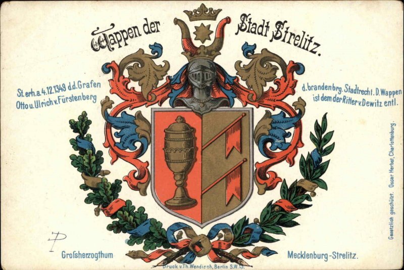 Stadt Strelitz Germany Heraldic Knight Insignia c1905 Vintage Postcard